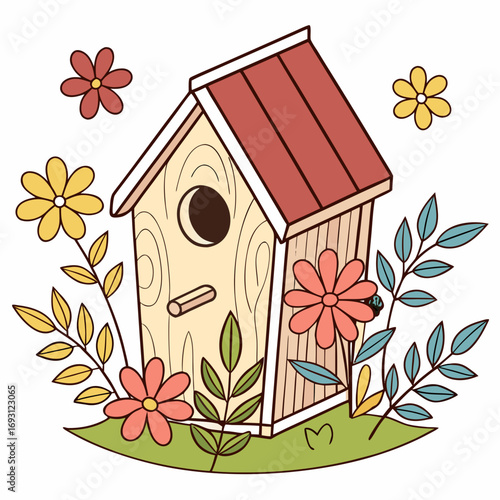 Birdhouse with Flowers: Springtime Home Illustration
