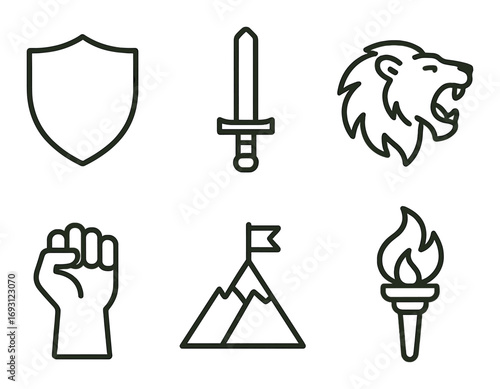 Medieval weapons silhouette icon set. featuring sword, shield, lion, torch, mountain, fist symbols.