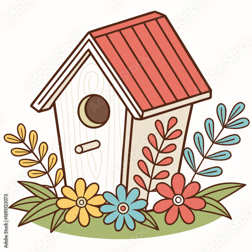 Birdhouse with Flowers: Springtime Home Illustration