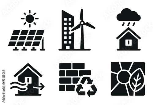Renewable energy silhouette icon set. featuring solar panels, wind turbine, rainwater harvesting, insulation, recycling, and sustainable living symbols..