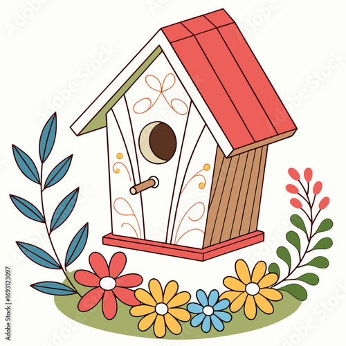 Floral Birdhouse Vector Illustration.

