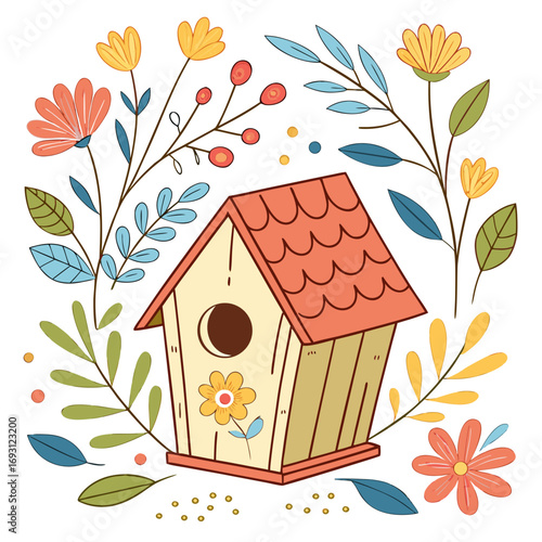 Birdhouse with Spring Flowers for Adobe Stock.