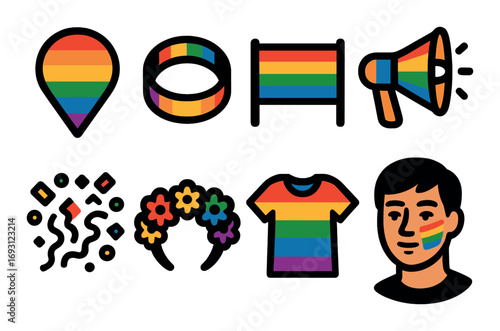 Pride celebration flat icons set. featuring pin, bracelet, flag, megaphone, confetti, crown, t-shirt, face.