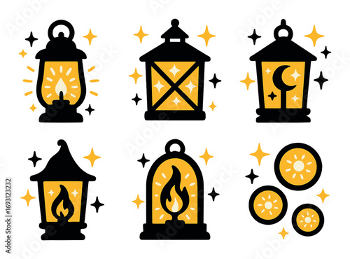 Lanterns silhouette icon set. featuring traditional, candle, crescent moon, cozy fire, and magical coins icons.