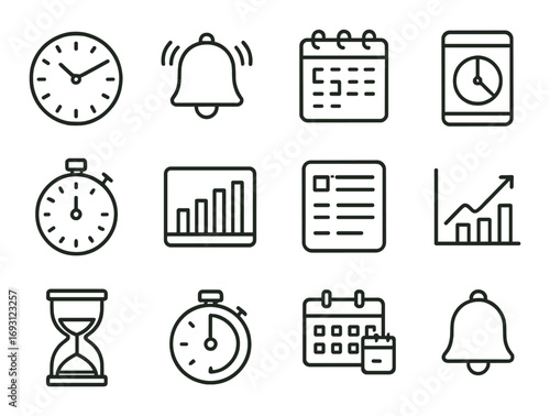 “time management linear icon set. featuring clock, bell, calendar, stopwatch, graph, and hourglass symbols”.