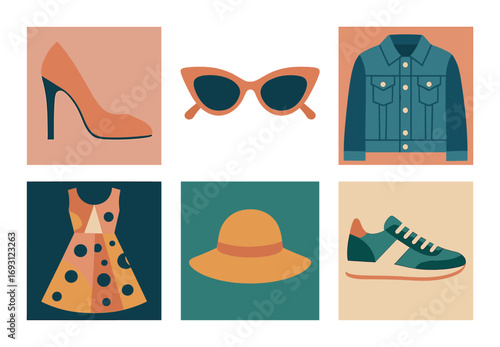Fashion flat icon set. featuring dress, hat, sunglasses, high heel, jacket, and sneaker.