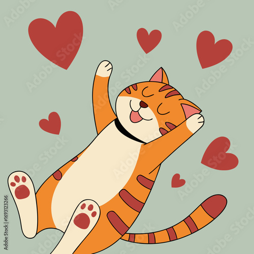 Happy Tabby Cat with Hearts: Vector Illustration for Love and Joy.

