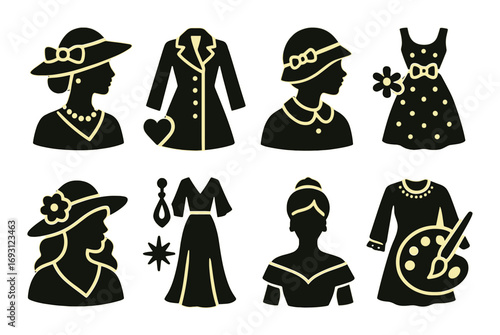 Fashion silhouette icon set. featuring woman, dress, coat, hat, necklace, and earring symbols.