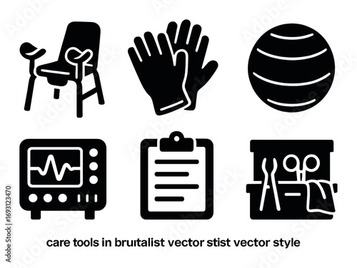 Healthcare silhouette icon set. featuring chair, gloves, ball, monitor, clipboard, tools.