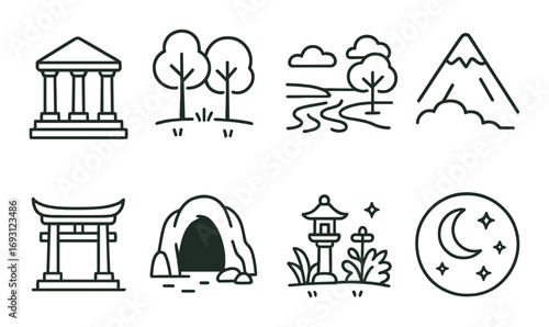 Nature and architecture linear icon set. featuring temple, forest, river, mountain, torii gate, cave, lantern, and moon symbols.