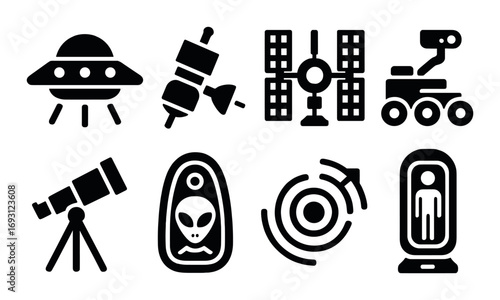 Space exploration silhouette icon set. featuring ufo, satellite, space station, rover, telescope, alien, radar, astronaut symbols.