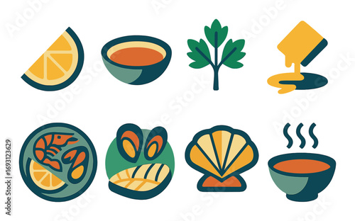 Food and cooking flat icon set. featuring lemon, soup, parsley, sauce, shrimp, mussels, shell, hot soup.
