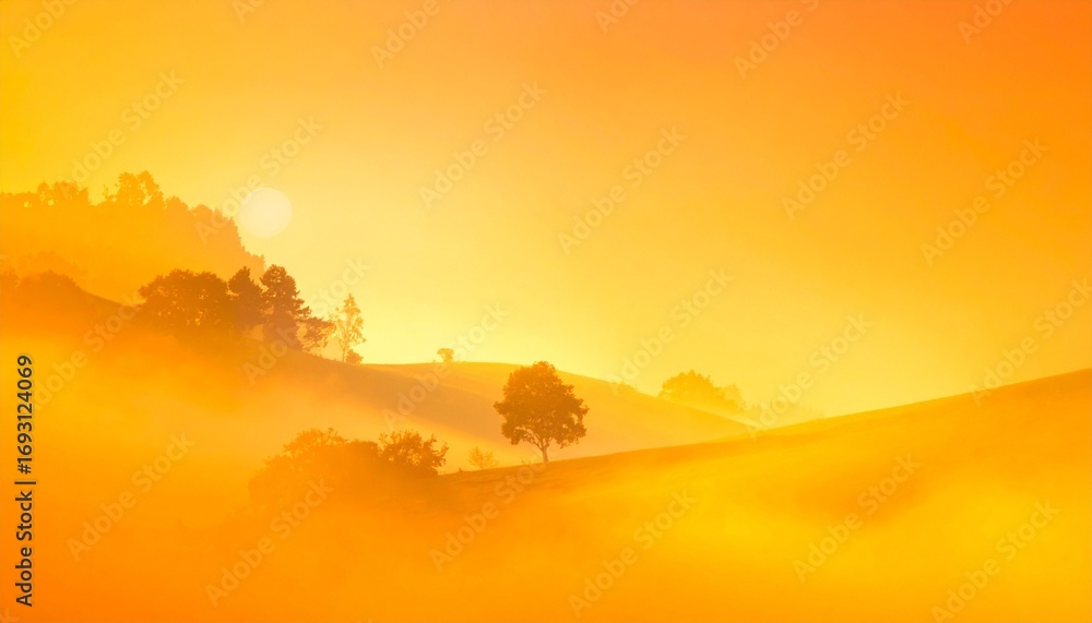 Obraz premium Golden-orange misty landscape with rolling hills, scattered trees, and fading mountain ridges