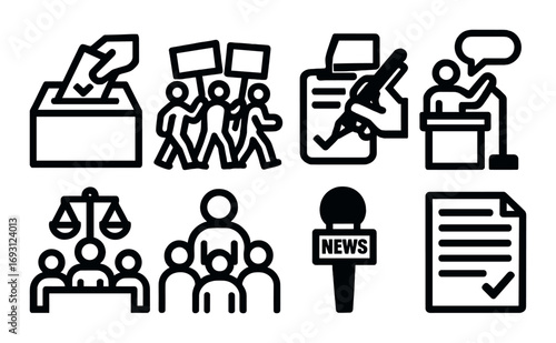 Politics and voting linear icon set. featuring ballot, protest, law, news, and speech symbols.
