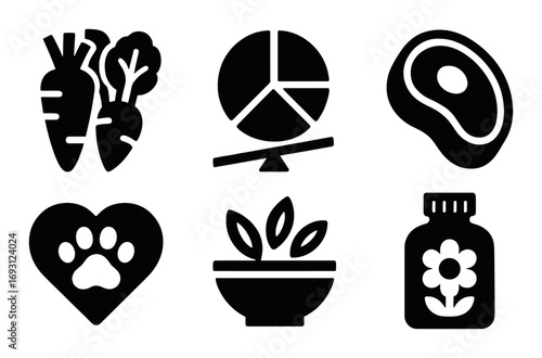 Food and nutrition silhouette icon set. featuring vegetables, pie chart, meat, pet care, salad, and supplements icons.