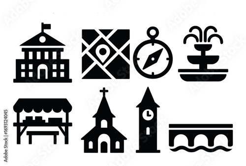 Travel silhouette icon set. featuring map, compass, fountain, market, church, clock tower, and bridge symbols.