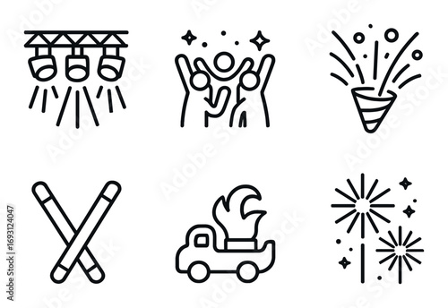 Party and celebration linear icon set. featuring stage lights, people dancing, confetti, glow sticks, fire truck, fireworks.
