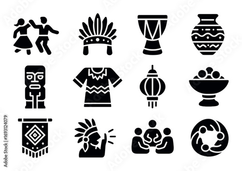 Indigenous culture silhouette icons set. featuring dance, headdress, drum, pottery, statue, clothing.