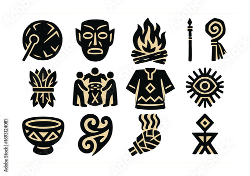 Tribal elements silhouette icon set. featuring drum, mask, fire, spear, headdress, dance, tunic, and eye symbols.