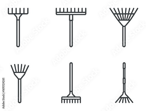 Gardening tools linear icon set. featuring rakes and brooms in different styles.