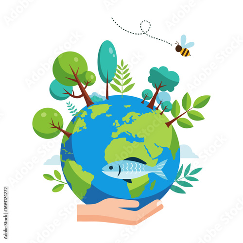  Eco system. Holding our planet, trees, nature. Bee, fish. Environment. Take care. Nature