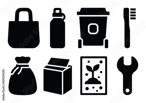 Eco-friendly items silhouette icon set. featuring tote bag, bottle, bin, toothbrush, pouch, box, plant, wrench.
