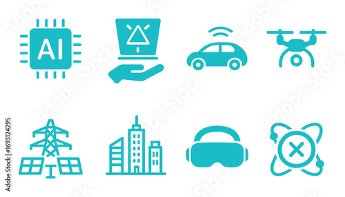 Technology and innovation neon linear icon set. featuring ai, 3d printing, smart car, drone, solar panel, smart city, vr, and blockchain symbols.