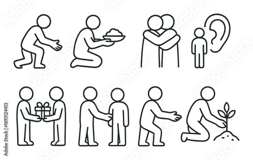 Community support linear icon set. featuring volunteering, donation, empathy, listening, and teamwork symbols.