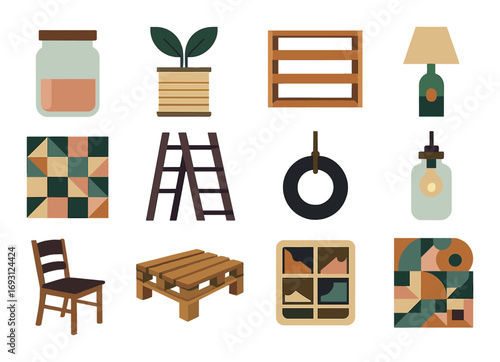 Home decor silhouette icon set. featuring chair, lamp, plant, jar, ladder, shelf, and tire symbols.