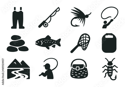 Fishing silhouette icon set. featuring waders, rod, fly, casting, rock, fish, net, can, river, basket, scorpion symbols..