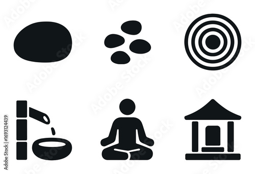 Zen spa silhouette icon set. featuring stone, pebble, target, fountain, meditation, and temple symbols.