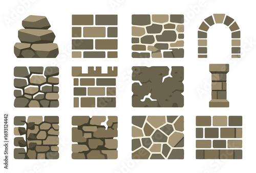 Stone and brick silhouette icons set. featuring wall, arch, pillar, and cobblestone symbols.
