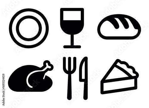 Dining silhouette icon set. featuring plate, wine, bread, chicken, cutlery, pie symbols.