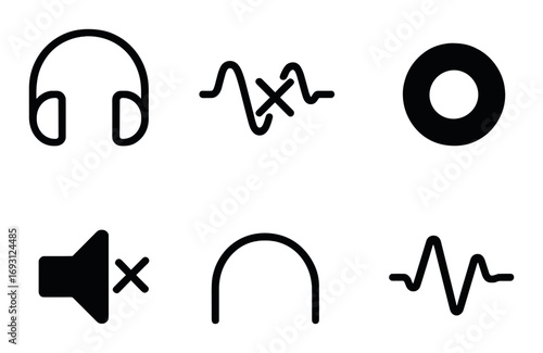 Music and sound silhouette icon set. featuring headphones, sound waves, record, speaker, mute, and audio symbols.