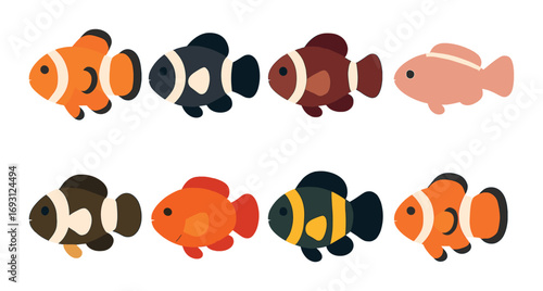 Aquatic life flat icon set. featuring clownfish, angelfish, betta, and goldfish designs.