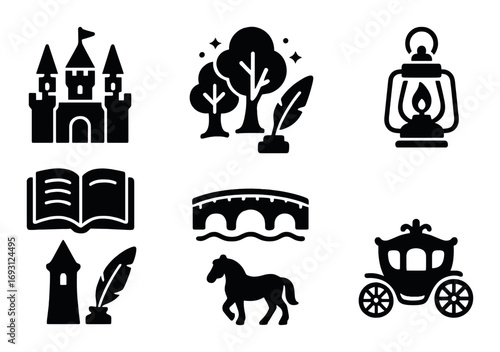 Fairy tale silhouette icon set. featuring castle, forest, lantern, book, tower, bridge, horse, carriage..