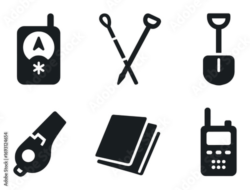 Emergency tools silhouette icon set. featuring radio, shovel, whistle, book, walkie-talkie, antenna symbols.