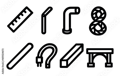 Plumbing tools linear icon set. featuring ruler, pipe, elbow joint, rope knot, strap wrench, cable, beam, archway.