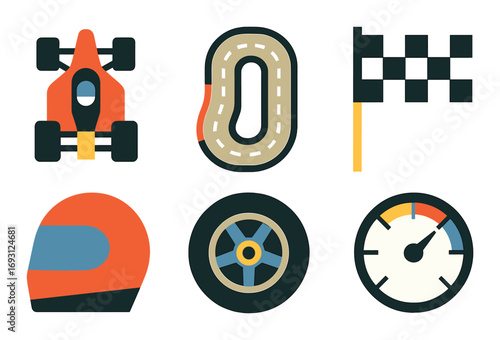 Racing flat icon set. featuring racecar, track, checkered flag, helmet, wheel, and speedometer symbols.