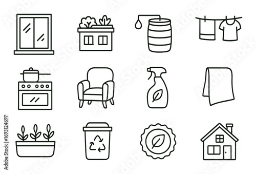 Eco-friendly lifestyle linear icon set. featuring window, garden, barrel, laundry, kitchen, chair, spray, towel, plants, recycle, and house symbols.