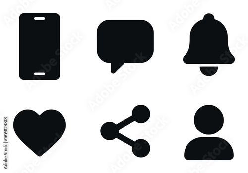 Communication silhouette icon set. featuring phone, message, notification, heart, share, and user symbols.