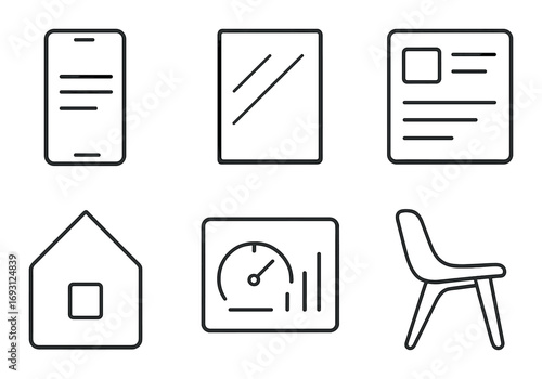Home and office linear icon set. featuring smartphone, mirror, document, house, speedometer, chair symbols.