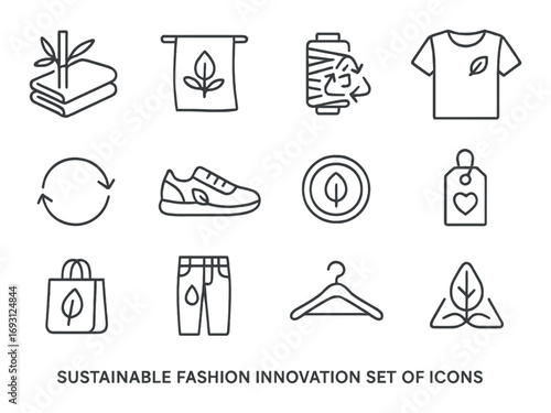 Sustainable fashion innovation linear icon set. featuring eco-friendly clothing, recycling, and ethical tag symbols.