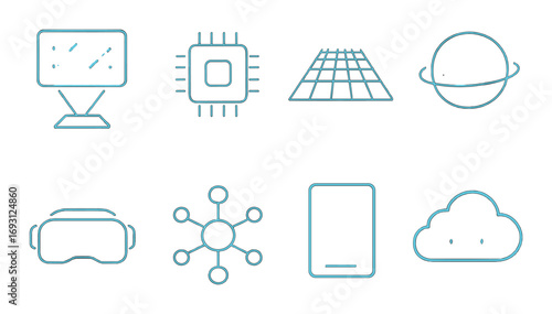 Technology linear icon set. featuring monitor, chip, grid, globe, vr headset, network, tablet, cloud.