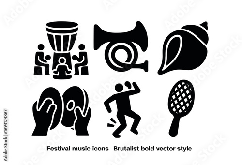 Festival music silhouette icon set. featuring drum circle, horn, conch, bongos, dancer, rattle..