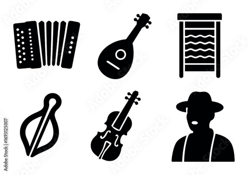 Music instruments silhouette icon set. featuring accordion, mandolin, washboard, jaw harp, violin, musician.