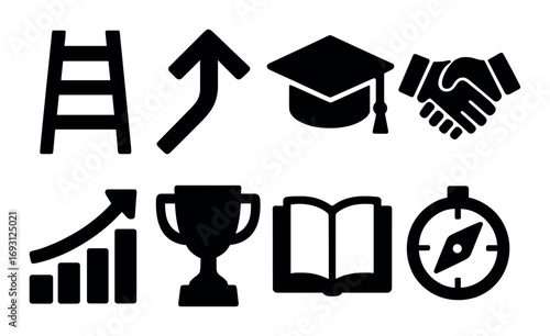 Career development silhouette icon set. featuring ladder, arrow, graduation cap, handshake, graph, trophy, book, compass.
