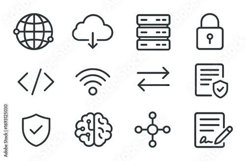 Technology and security linear icon set. featuring globe, cloud, server, lock, code, wi-fi, synchronization, documents.