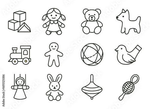 Toys linear icon set. featuring blocks, doll, teddy bear, dog, train, gingerbread, ball, bird, puppet, bunny, spinning top, rattle.
