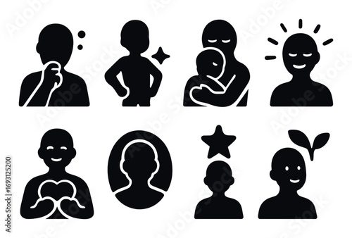 Emotions silhouette icons set. features thinking, confident, nurturing, joyful, loving, meditative, hopeful.